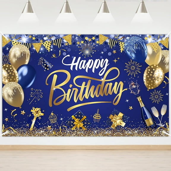 Mocsicka Blue Gold Birthday Backdrop Glitter Happy Birthday Banner Party Decorations for Men Women 6x3.6 ft
