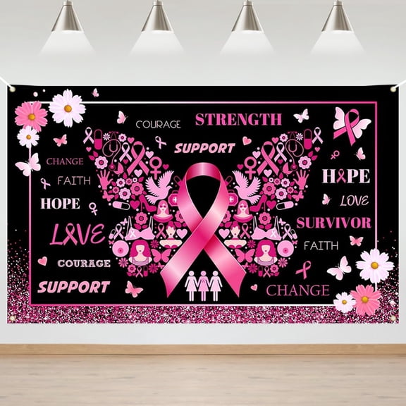 Mocsicka Breast Cancer Awareness Backdrop Breast Cancer Banner October Pink Ribbon Decor Breast Cancer Charity Activities Decorations Love Hope Faith Strength Background