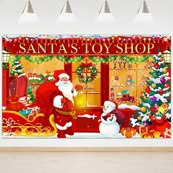 Mocsicka Christmas Banner Santa's Toy Shop Backdrop Santa Claus Snowman Garland Xmas Photo Background Decorations