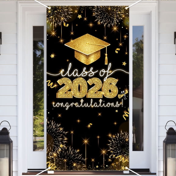 Mocsicka Class of 2026 Door Banner Black Gold Graduation Door Cover Congras Grad Party Decorations Photo Booth Props