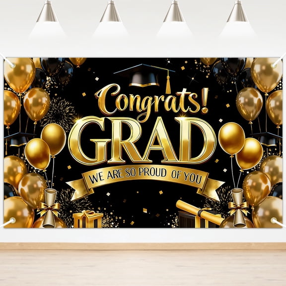 Mocsicka Congrats Grad Backdrop Black Gold 2026 Graduation Backdrop We Are So Proud of You Graduation Party Decorations 6x3.6 ft