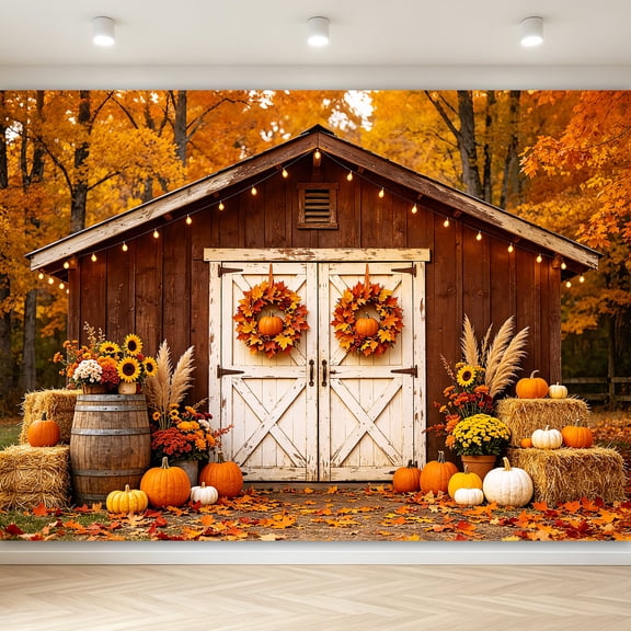 Mocsicka Fall Backdrop Autumn Pumpkin Harvest Photography Background Rustic Barn Door Fall Leaves Photo Backdrop for Thanksgiving Party Decor Photo Booth Studio Props