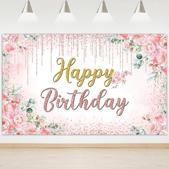 Mocsicka Floral Birthday Backdrop Pink Glitter Flower Happy Birthday Banner Party Decorations for Girl Women 6x3.6 ft