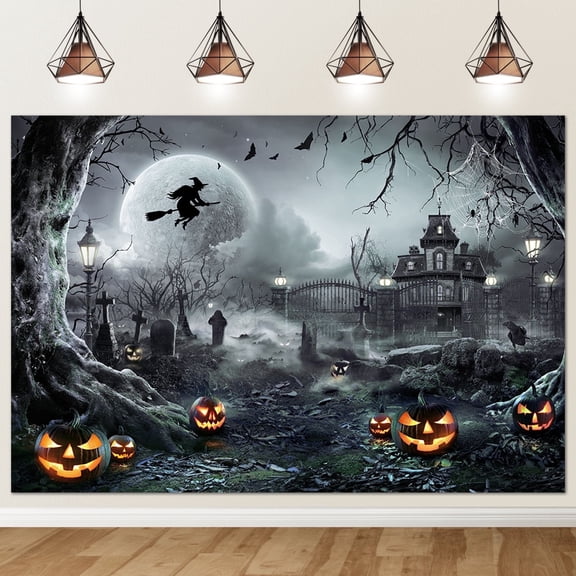 Mocsicka Halloween Photography Backdrop 7x5 ft Full Moon Night Background Halloween Indoor Outdoor Party Decorations, Gray