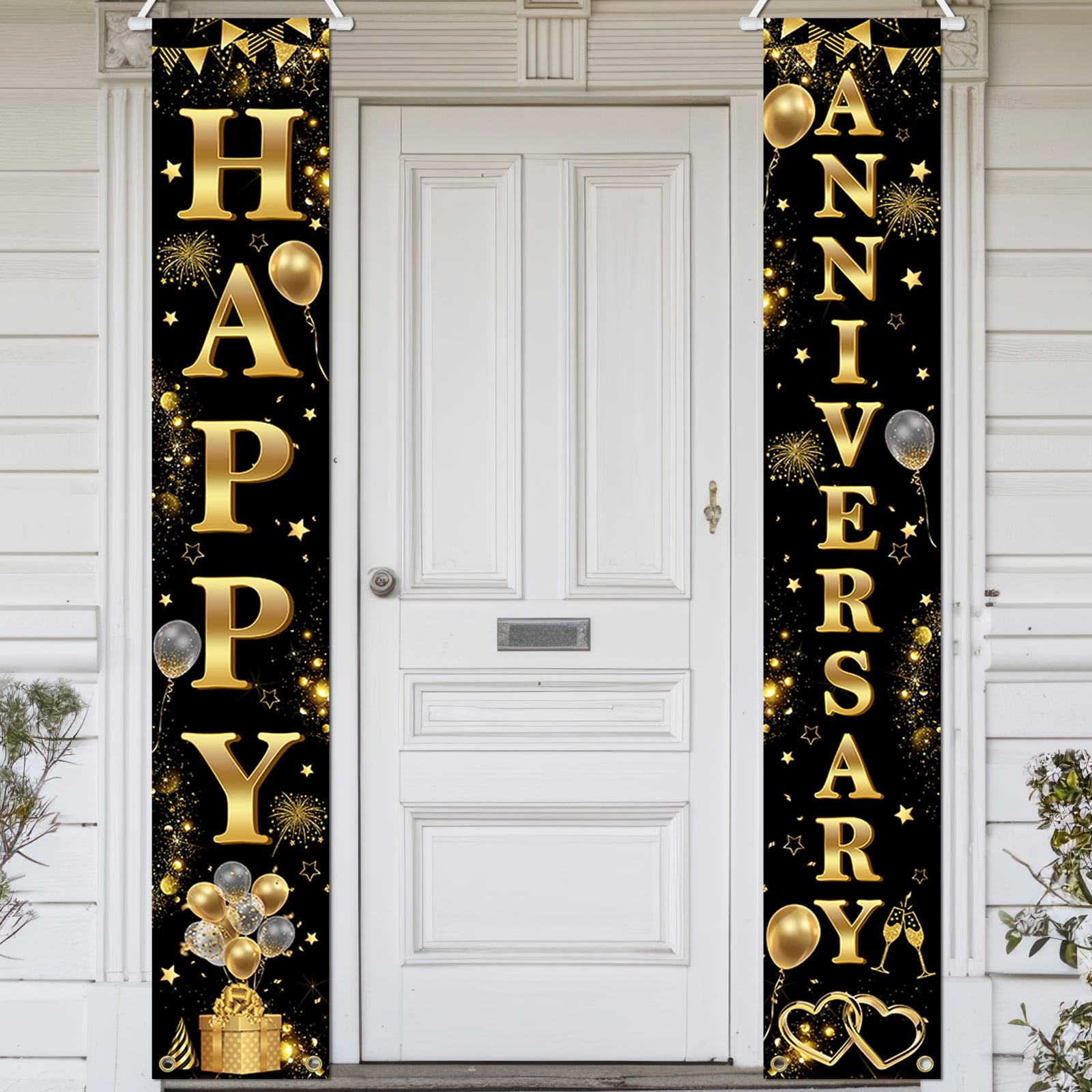 Mocsicka Happy Anniversary Banner Black Gold Anniversary Decorations Wedding Anniversary Decorations