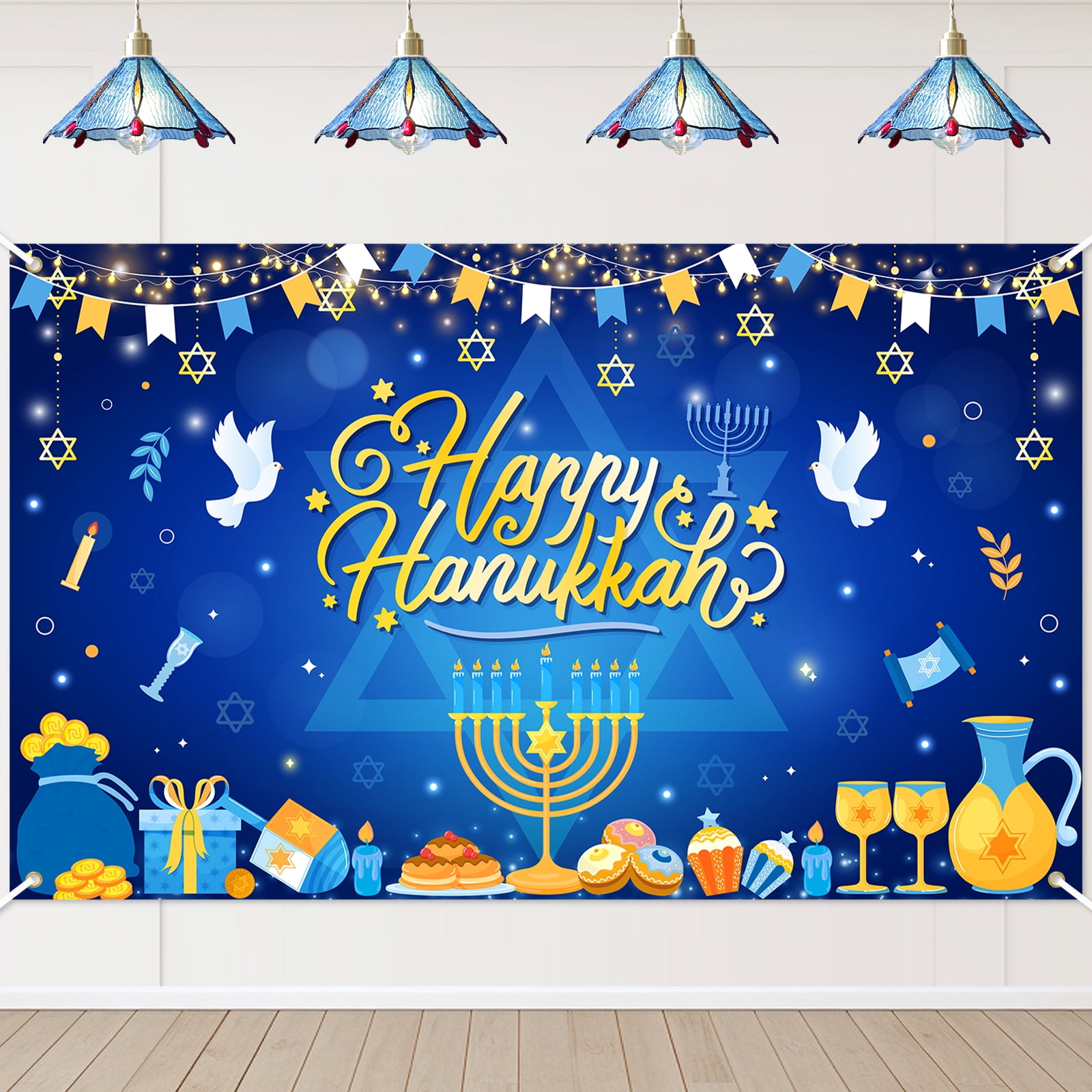 Mocsicka Happy Hanukkah Backdrop Jewish Chanukah Party Decorations Blue Hanukkah Banner