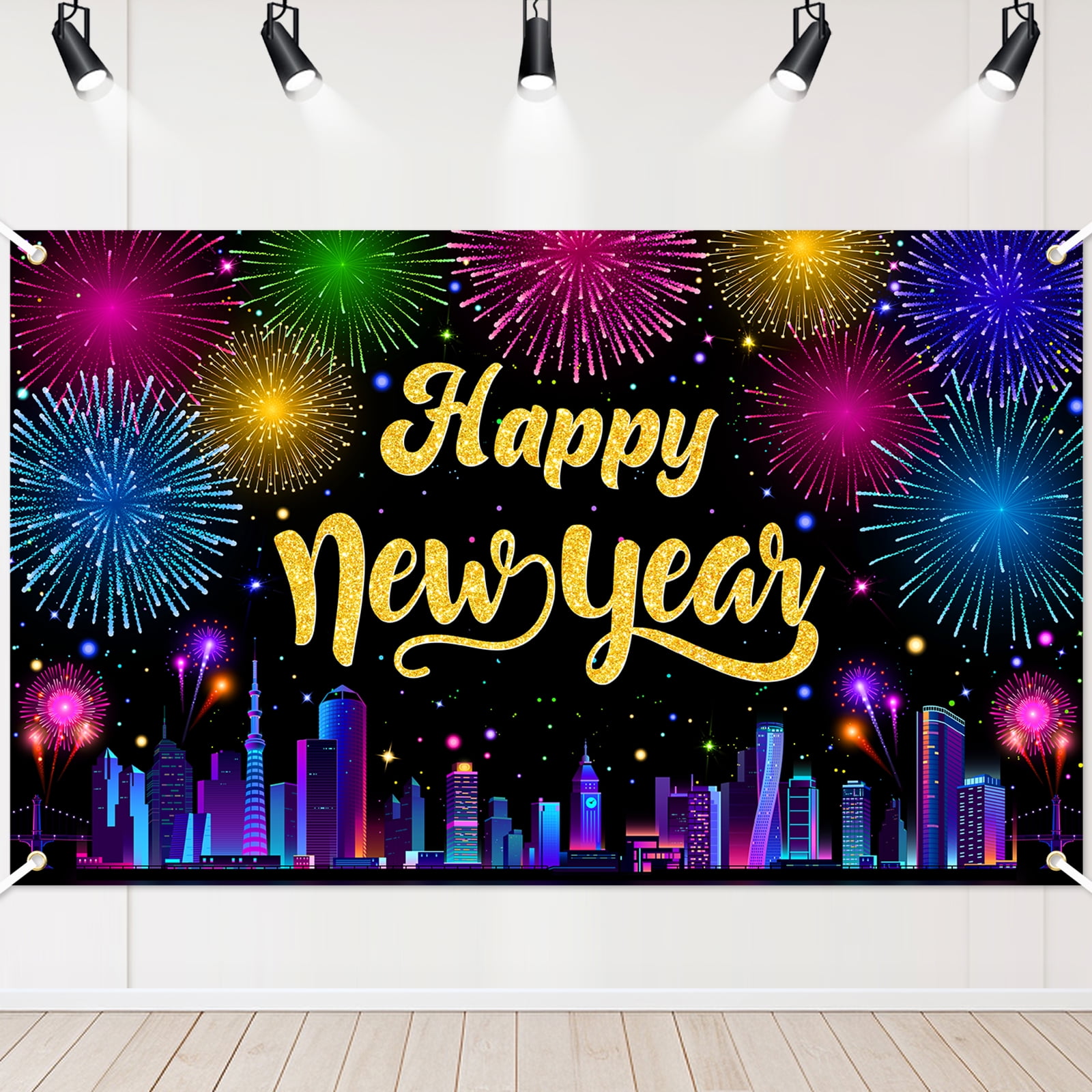 Mocsicka Happy New Year Backdrop Modern City Night Fireworks New Year Banner 2026 New Year's Eve Party Decorations
