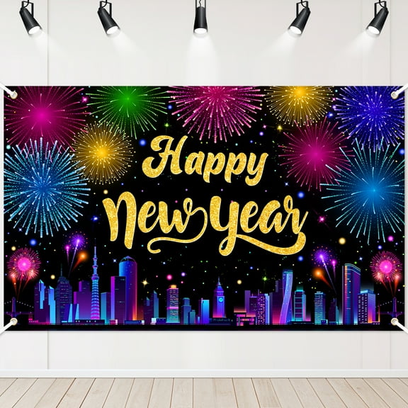 Mocsicka Happy New Year Backdrop Modern City Night Fireworks New Year Banner 2026 New Year's Eve Party Decorations