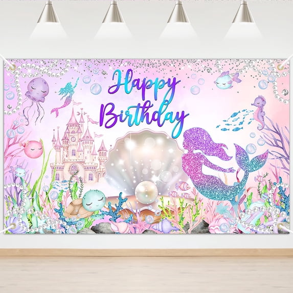 Mocsicka Mermaid Backdrop Purple Birthday Banner for Girl Under The Sea ...