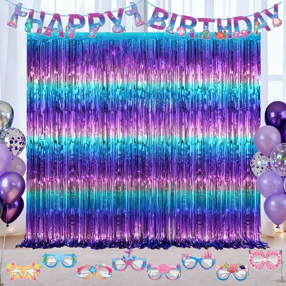 Mocsicka Mermaid Birthday Party Decorations Purple Foil Fringe Curtains Streamers Birthday Banners Paper Eyeglasses Photo Props for Girls Mermaid Party Supplies