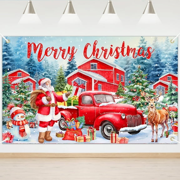Mocsicka Merry Christmas Backdrop Santa Claus Red Truck Reindeer Forest Christmas Banner Xmas Holiday Party Decorations