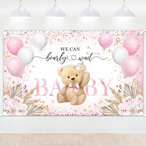 Mocsicka Pink Bear Baby Shower Backdrop We Can Bearly Wait Banner for Girl Baby Shower Decorations