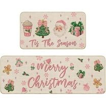 Mocsicka Pink Christmas Kitchen Rugs Set, Tis The Season Santa Claus Kitchen Mat for Christmas Kitchen Decor Snowflake Xmas Tree Bow Holiday Pink Home Decorations Floor Mat 17x27 and 17x47 Inch