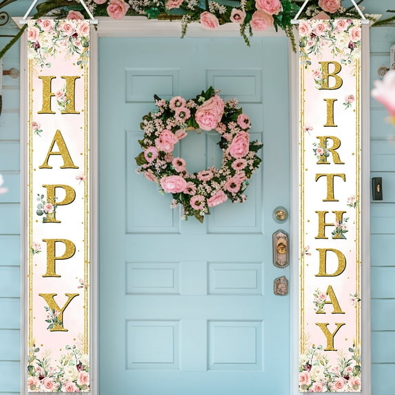 Mocsicka Pink Floral Birthday Banner Flower Birthday Party Porch Sign Happy Birthday Door Decorations