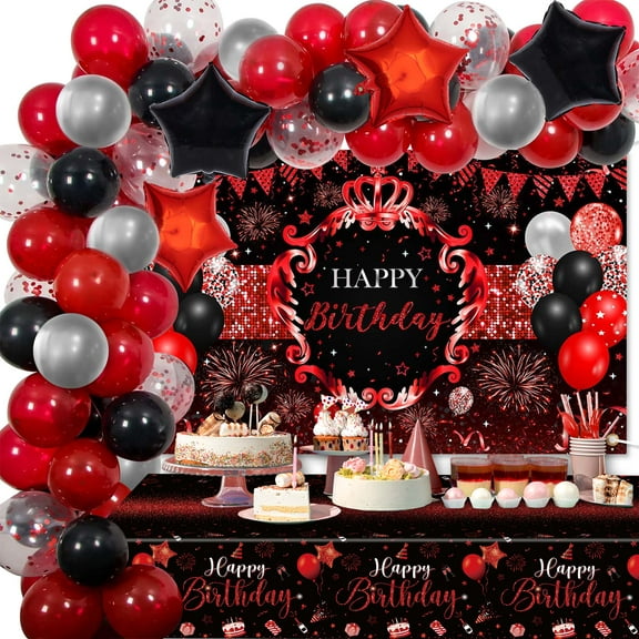 Mocsicka Red and Black Birthday Decorations Happy Birthday Backdrop 66 Pcs Balloons Set Red and Black Party Supplies for Men Women
