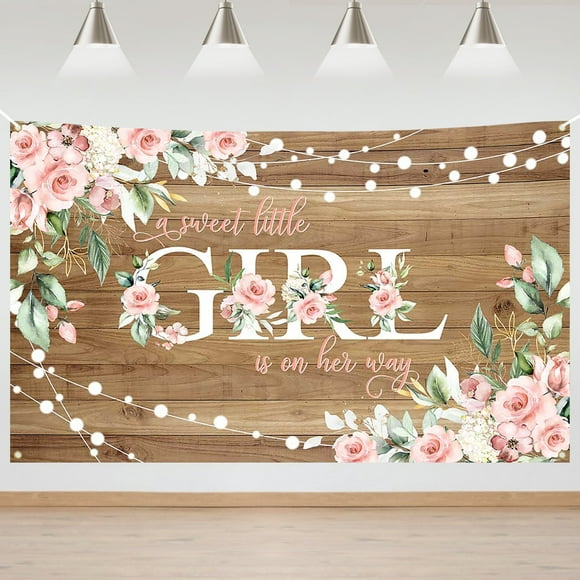 Mocsicka Rustic Baby Shower Backdrop Pink Flower Baby Girl Shower Banner Baby Shower Photo Background