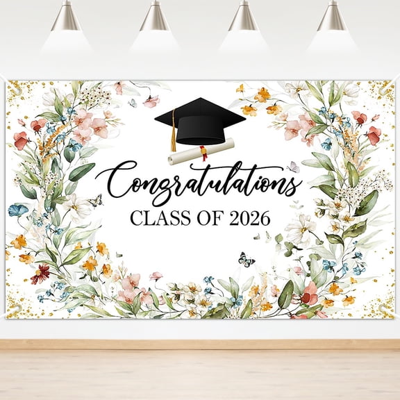 Mocsicka Wildflower Congratulations Backdrop for Class of 2026 Graduation Banner Party Decorations