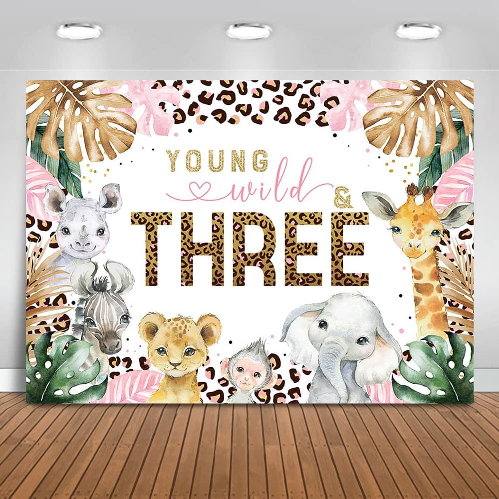 Young Wild & Three Backdrop - 10x8ft Safari Leopard Print 3rd Birthday Party Decor (Pink & Tropical)