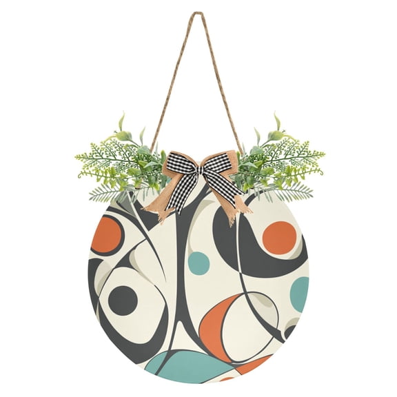 Mod Abstract Art Front Door Porch Decoration Hanging Sign with Artificial Green Plants and Bow for Home Outdoor Indoor