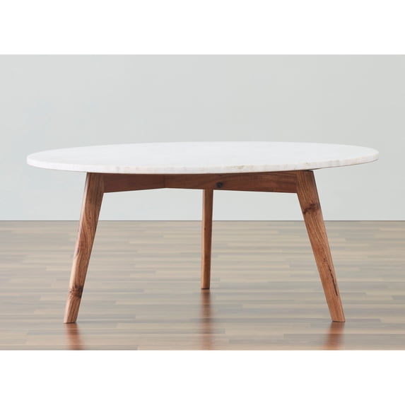 Mod-Arte Nero Round Authentic Marble Wood Coffee Table in White/Walnut