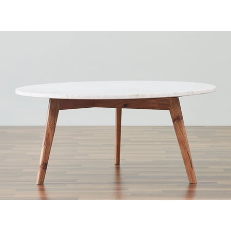 Mod-Arte Nero white authentic marble triangular coffee table with wood legs