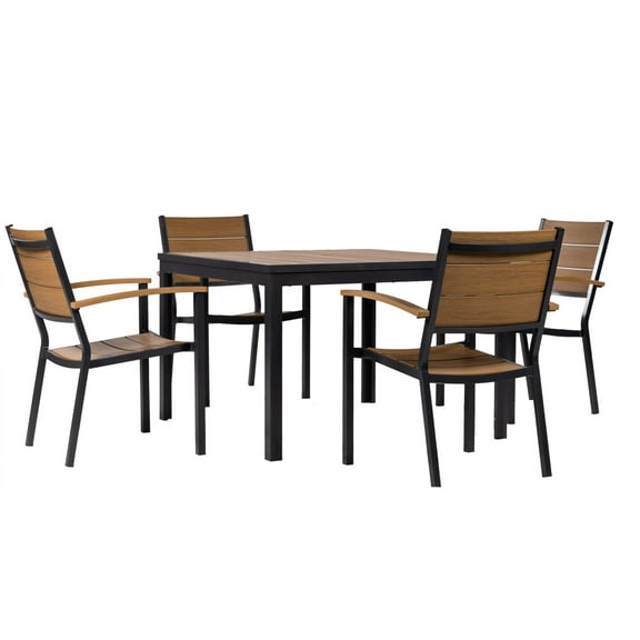 Mod Asher 5-Piece Outdoor Dining Set with 4 Slat Aluminum Dining Chairs & 43" Square Slat Top Table