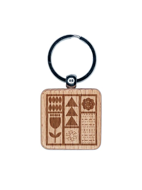 Mod Design Flowers Triangles Leaves Square Keychain Charm Tag - Engraved Wood