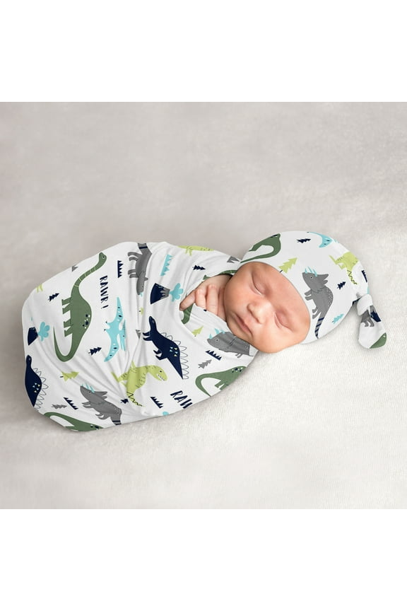 Mod Dinosaur Blue and Green Baby Cocoon and Beanie Hat Sleep Sack Set by Sweet Jojo Designs