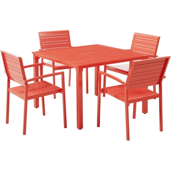 Mod Furniture Luna 5-Piece Modern Outdoor Patio Furniture Dining Set with All-Weather Aluminum Frames, 4 Slat Dining Chairs and 41" Square Slat Table - LUNADN5PCST-CR