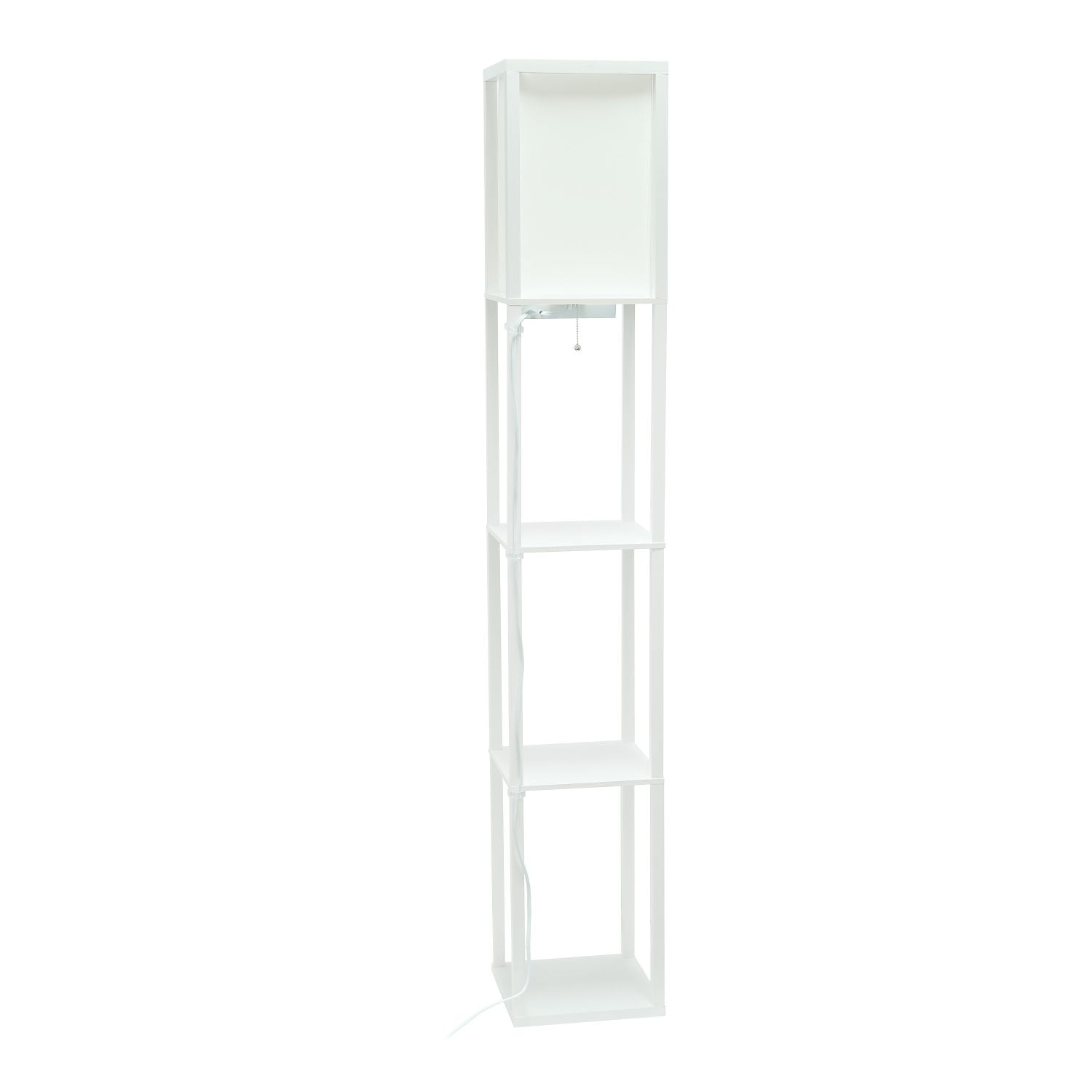 White Wood Floor Lamp with Shelves and Linen Shade