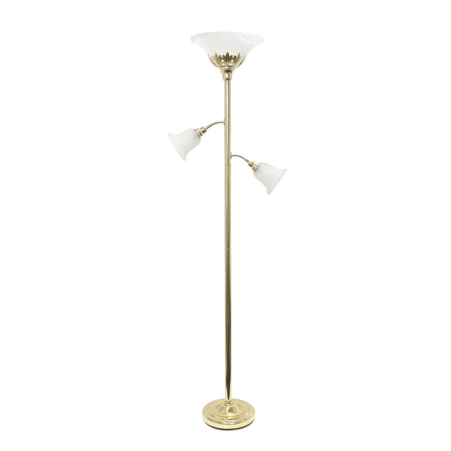 Gold Torchiere Floor Lamp with Adjustable Reading Lights and Scalloped Glass Shades