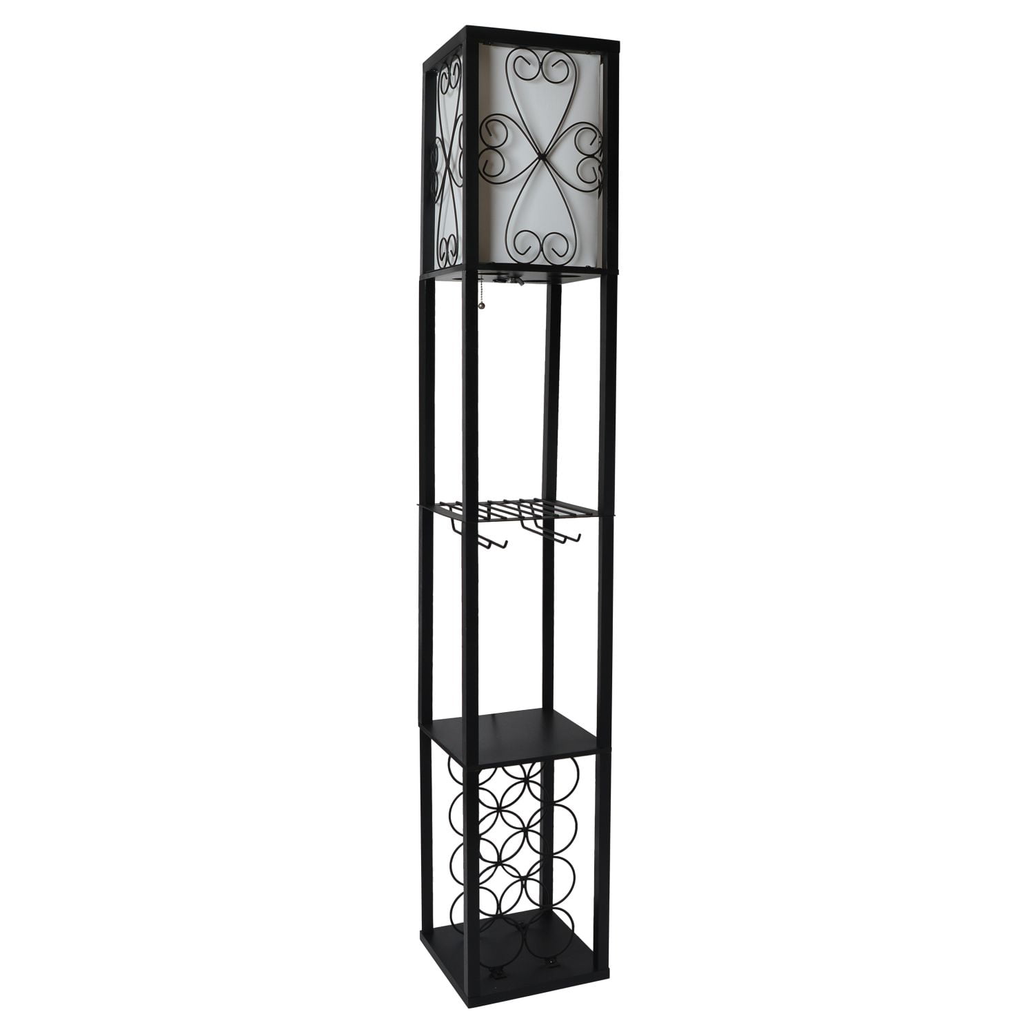 Black Metal Floor Lamp with Storage Shelf and Wine Rack