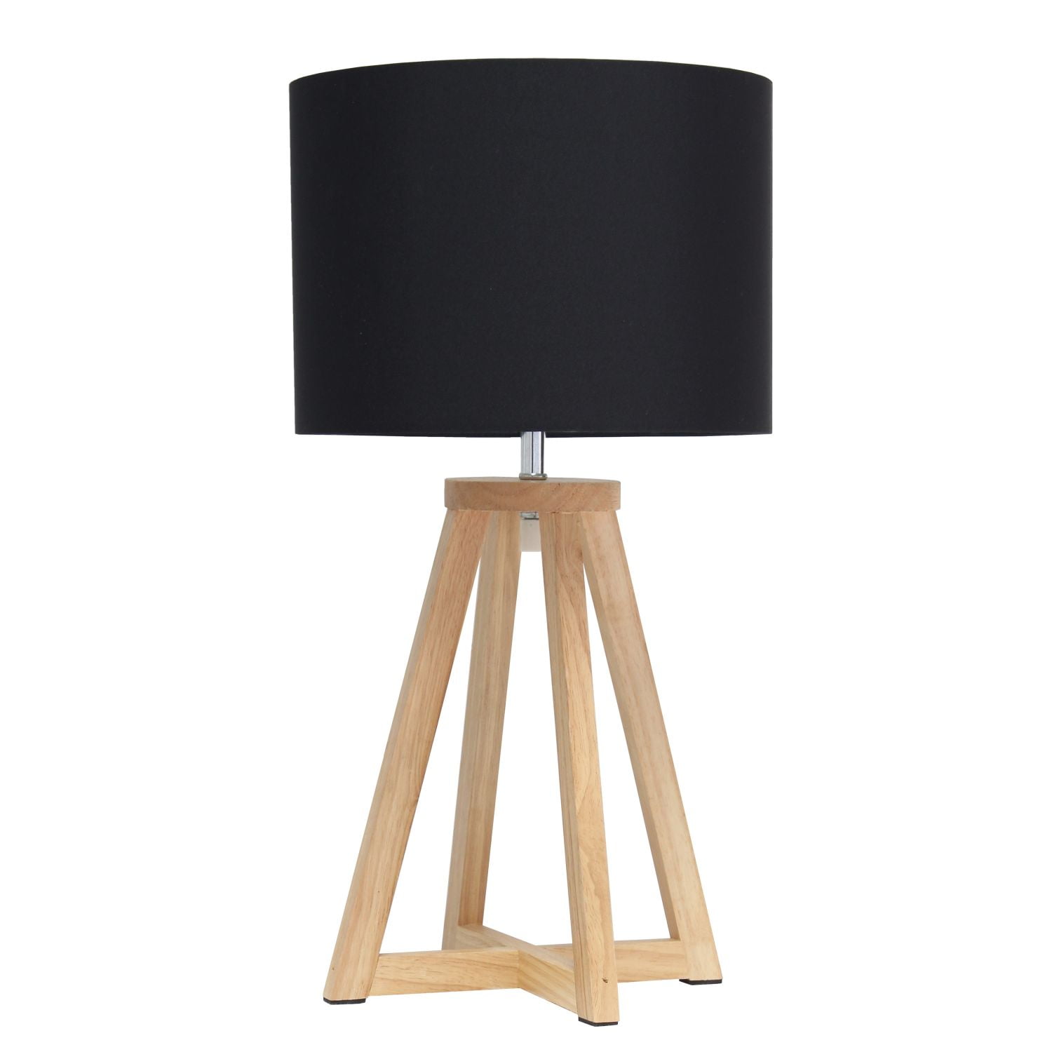 Natural Wood Tripod Nightstand Lamp with Black Barrel Shade