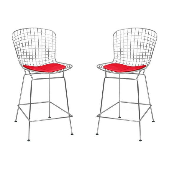Mod Made Mid Century Modern Chrome Wire Counter Stool - Set of 2-Color:Red