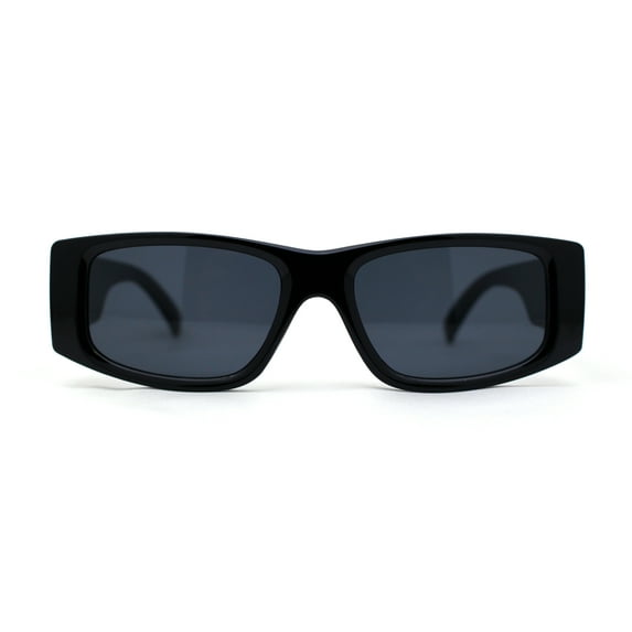 Mod Narrow Rectangle Plastic Thick Temple Minimal Sunglasses All Black