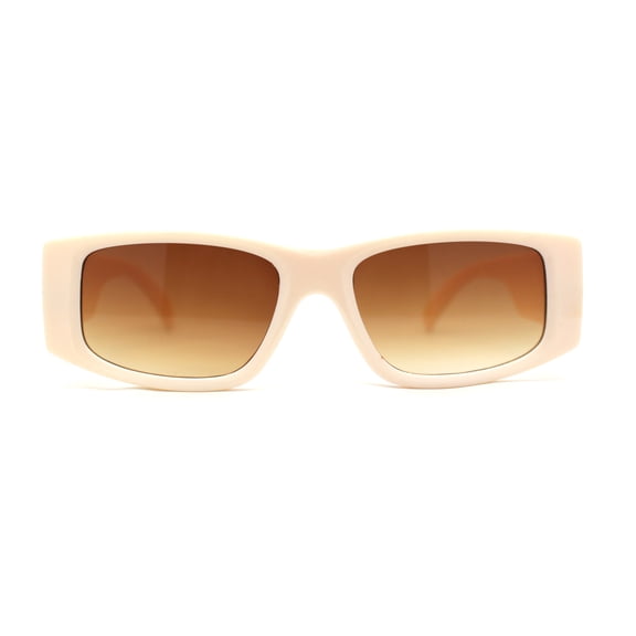 Mod Narrow Rectangle Plastic Thick Temple Minimal Sunglasses Ivory Brown