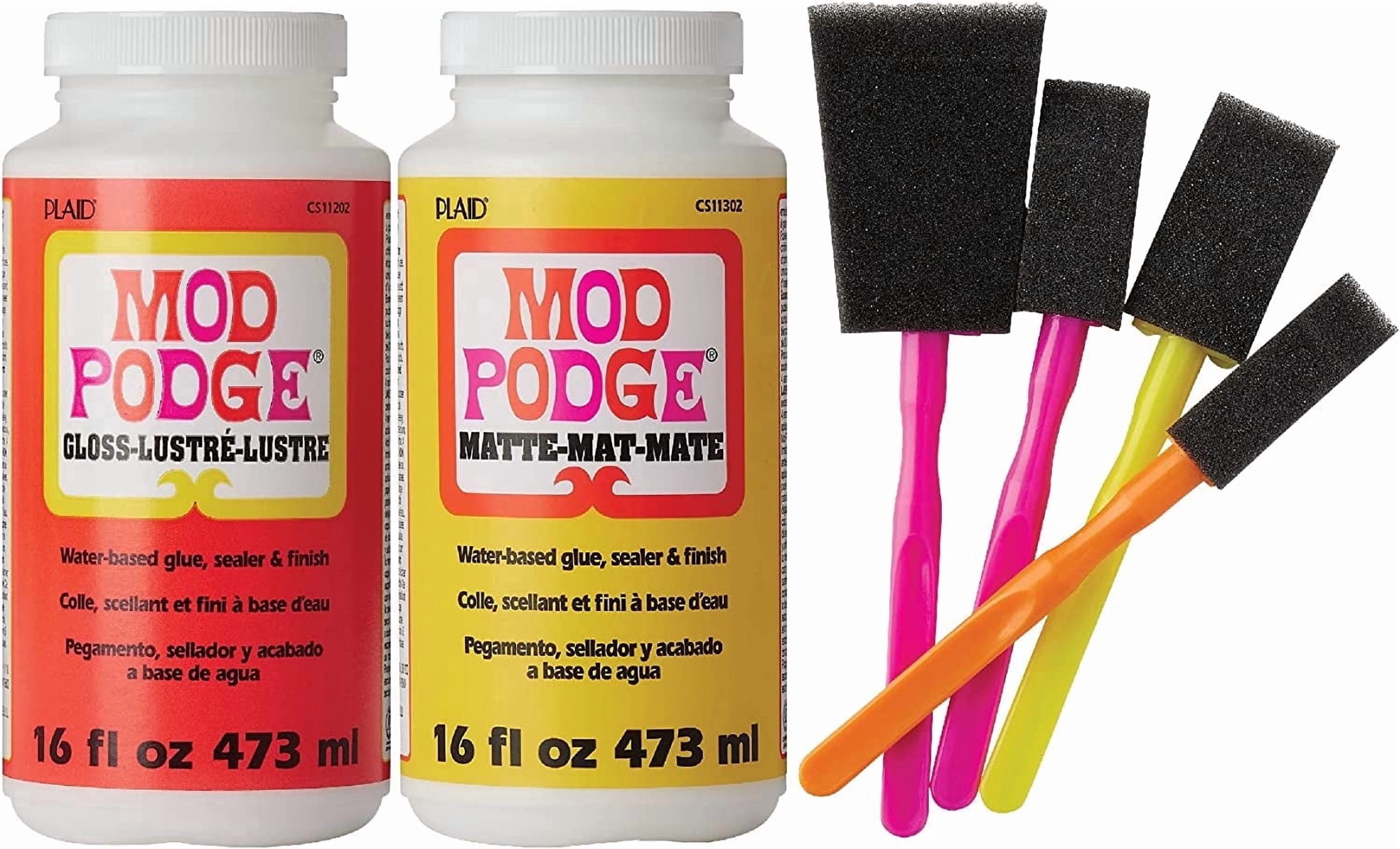 Mod Podge Complete Decoupage Kit, Matte and Gloss Finish, Clear, 16 oz Bottles, 4 Count Foam Brushes