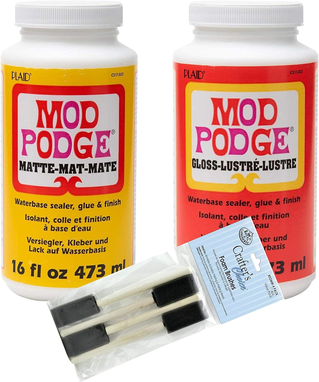 Mod Podge Complete Decoupage Kit-Two 16oz Bottles Waterbase Sealer/Glue Matte Gloss Finish with 4-pk Foam Brush Set, Clear