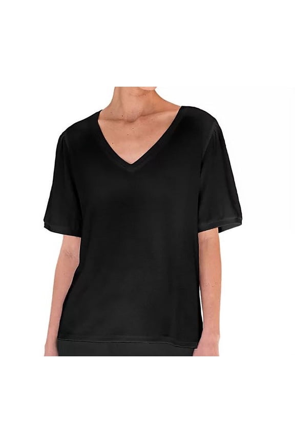 Ladies Extra Soft Puff Sleeve Stretch V-Neck Fashion Tee (Black, XL)