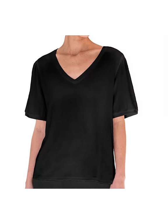 Ladies Extra Soft Puff Sleeve Stretch V-Neck Fashion Tee (Black, XL)