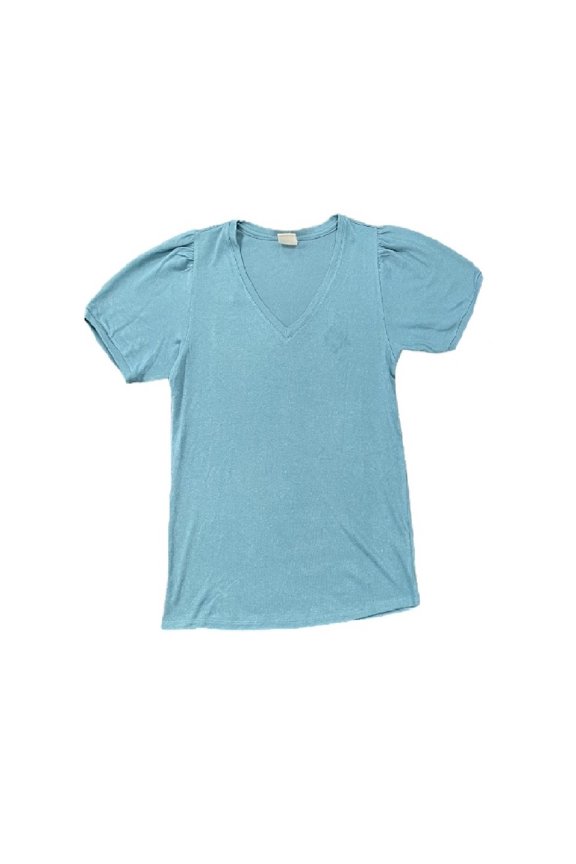 Ladies Extra Soft Puff Sleeve Stretch V-Neck Fashion Tee (Light Blue, L)