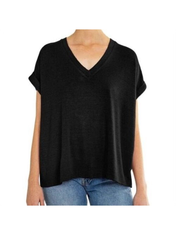 Women's Rolled Cuff Short Sleeve V-Neck Top Black Medium
