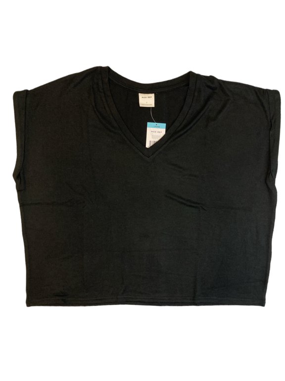 Women's Rolled Cuff Short Sleeve V-Neck Top (Black, S)