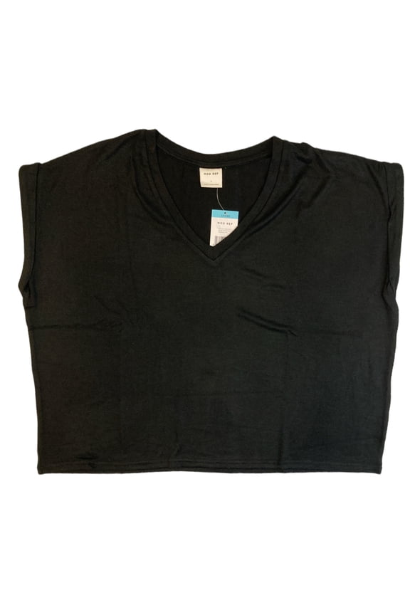 Women's Rolled Cuff Short Sleeve V-Neck Top (Black, XL)