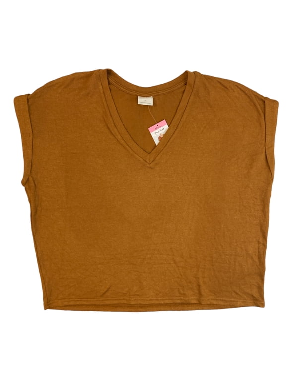 Women's Rolled Cuff Short Sleeve V-Neck Top (Rust, S)