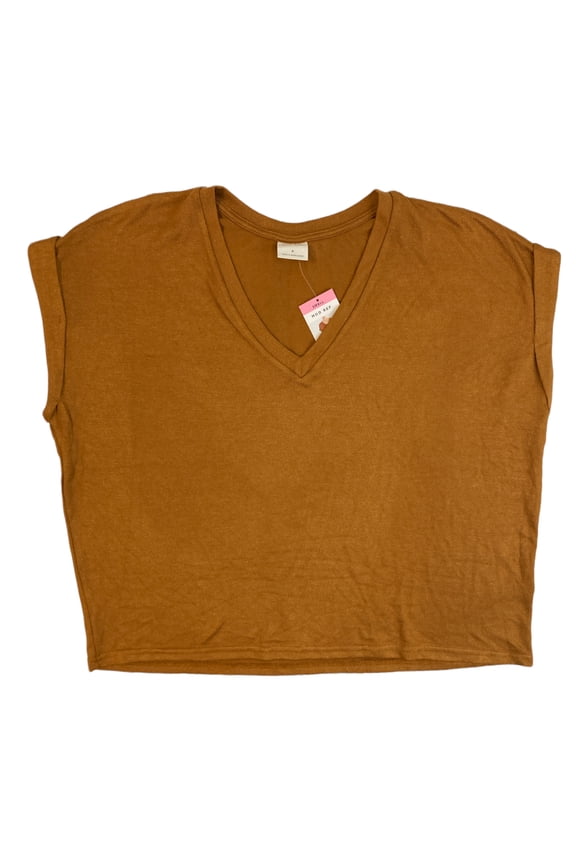 Women's Rolled Cuff Short Sleeve V-Neck Top (Rust, S)
