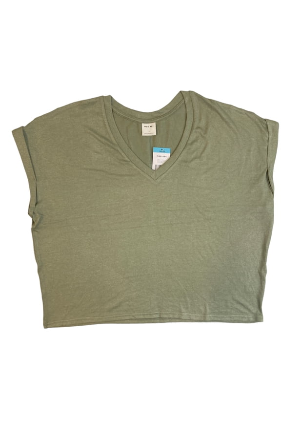 Women's Rolled Cuff Short Sleeve V-Neck Top (Sage, XXL)