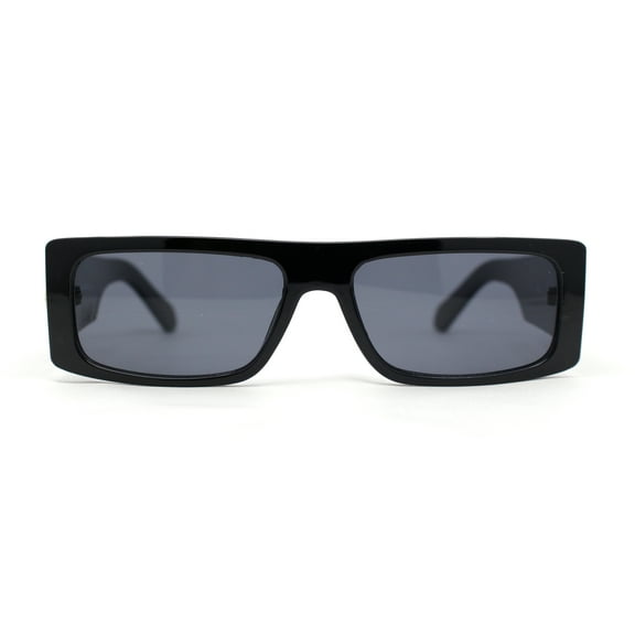 Mod Retro Narrow Rectangle Flat Top Plastic Buckle Jewel Hinge Sunglasses All Black