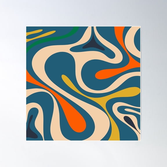 Mod Swirl Retro Abstract Pattern Blue Orange Mustard Beige Poster Wall Art, Modern Wall Decor For Living Room Bedroom, 24x24 UNFRAMED