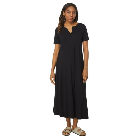 Mod-o-doc Slub Jersey 1/2 Sleeve Split-Neck Long Dress with Front Slit Black XS (US 0-2)